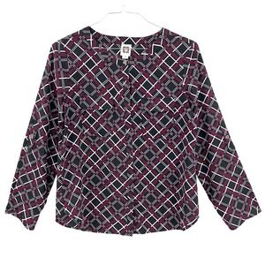 Anne Klein Womens Geometric Button Front Roll Tab Blouse Popover Top Black M